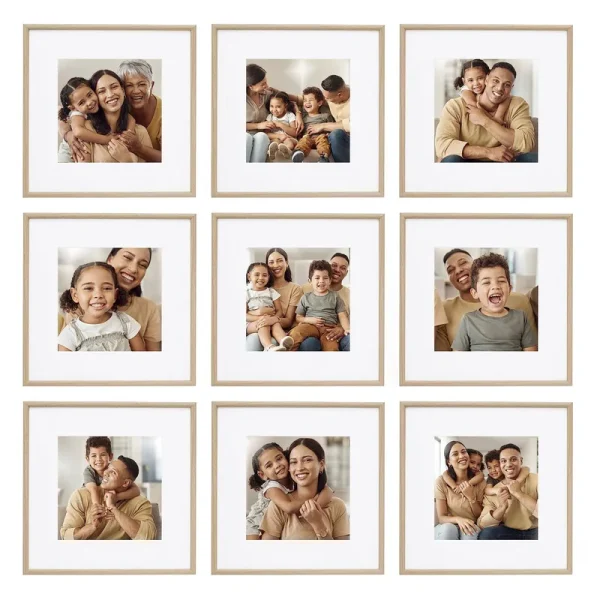 Camden Reed 9 Piece Gallery Wall Frame Set, Matted Frames Feature An 8x8 inch Photograph or Art Print, Light Natural Woodgrain Finish