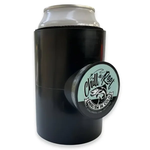 Chill-N-Reel Fishing Can Cooler with Hand Line Reel Attached Hard Shell Drink Holder Fits Any Standard Insulator Sleeve, Shell