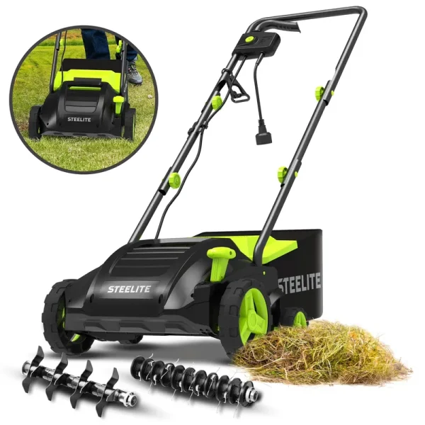 Steelite 2 - in - 1 Electric Dethatcher and Scarifier, 13 - Inch 12 - Amp Corded Electric Dethatcher with Removable 8 - Gallon Collection Bag, for Grass Garden Yard