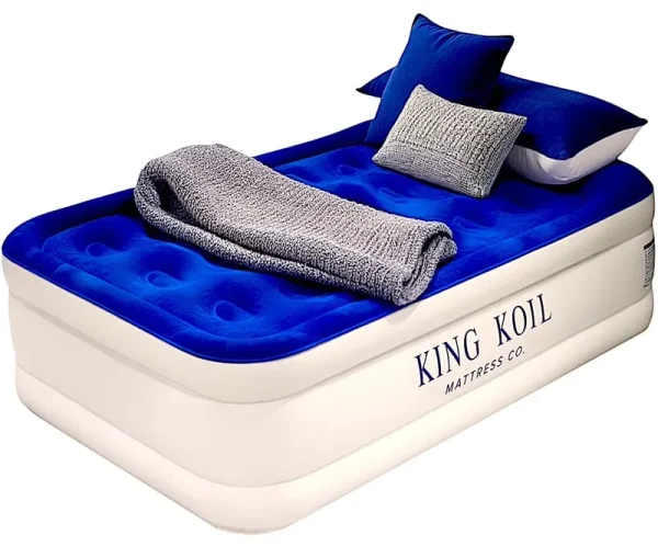 King Koil Luxury Twin Air Mattress with Built - in High Speed Pump for Camping, Home & Guests - Twin Size Double High Airbed Luxury Inflatable Blow up Mattress Waterproof