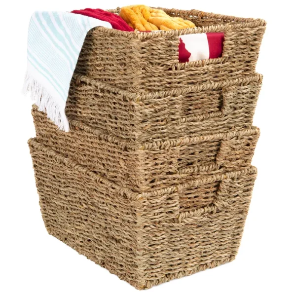 Best Choice Products Set of 4 Multipurpose Stackable Seagrass Storage Laundry Baskets with Insert Handles - Brown