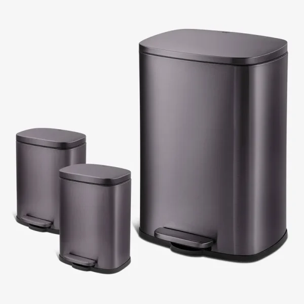 Qualiazero 13.2 Gal Rectangular Step Trash Can, Plus Two 1.3 Gal Trash Cans, Black Stainless Steel