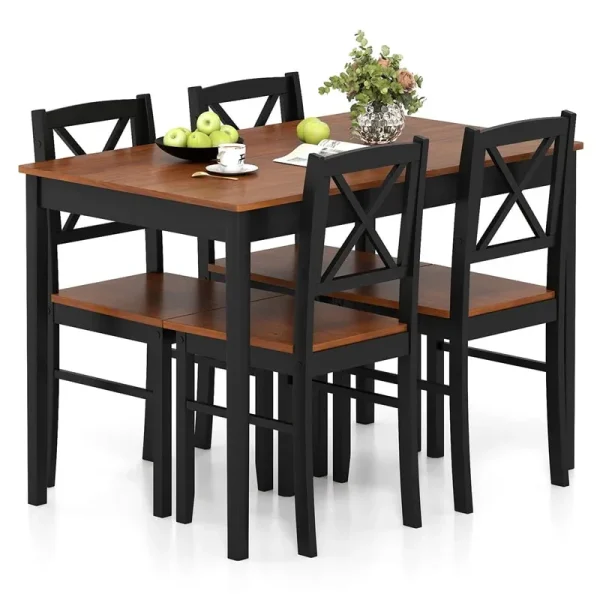 5-Piece Dining Table Set for 4, Mid-Century Modern Kitchen Table & 4 Chairs with Rubber Wood Legs & Cross Backrest, Space-Saving Dinette Set for Home