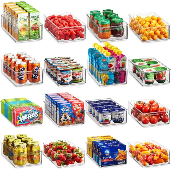 Munfix Set of 16 Refrigerator Organizer Bins - Plastic Pantry Organization and Storage Baskets - Stackable Food Fridge Organizers with Cutout Handles