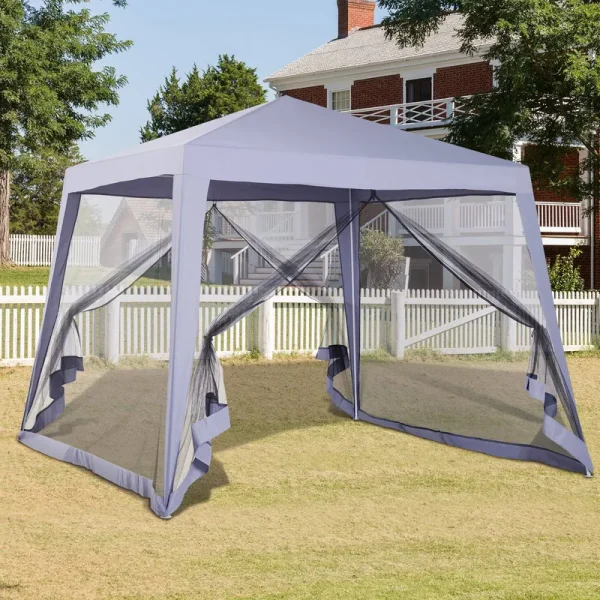 Outsunny 10' x 10' Folding Slant Leg Screened Sun Shelter Canopy Tent with Mesh Sidewalls - Grey