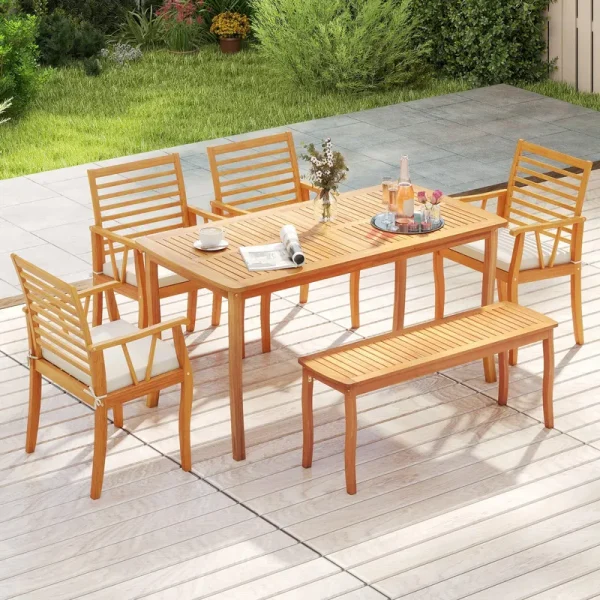 Tangkula 6 Pieces Acacia Wood Patio Dining Set with Bench