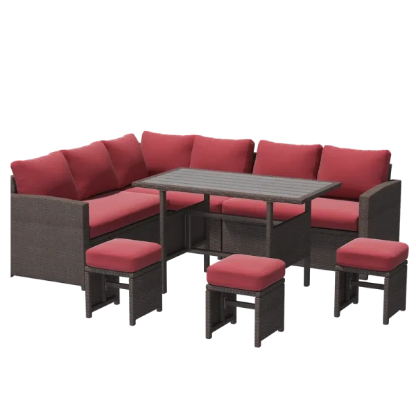 AECOJOY 7 Pieces Outdoor Wicker Rattan Furniture Set, Brown & Wine Red
