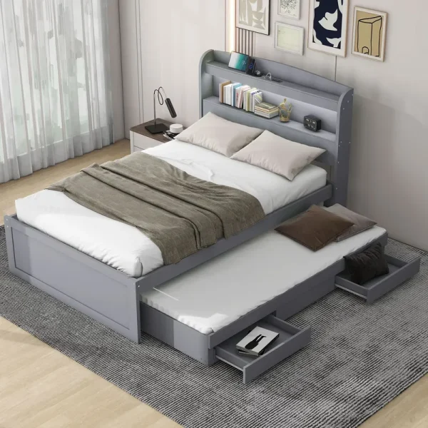 Euroco Wood Twin XL Platform Bed with Trundle and Drawers, Storage Headboard with LED Light and USB Charging for Kids, Gray