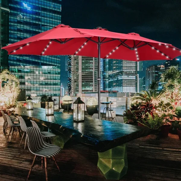 Ainfox 15-foot Double-Sided Solar LED Lighted Patio Umbrella - Red