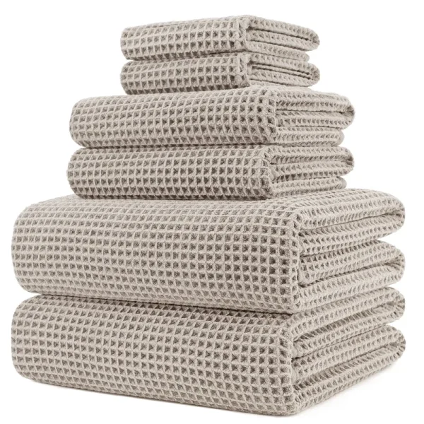 POLYTE Oversize, 60 x 30 in, Quick Dry Lint Free Microfiber Bath Towel Set, 6 Piece (Beige, Waffle Weave)