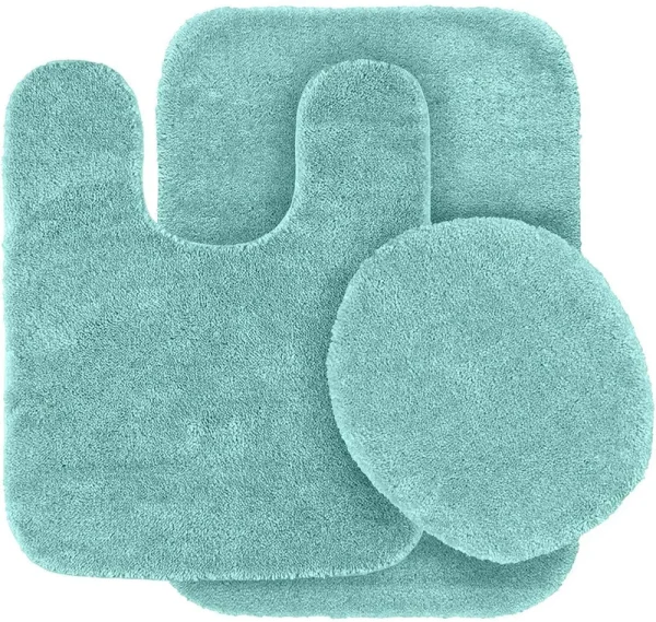 Better Home Style 3 Piece Bathroom Rug Set Bath Rug, Contour Mat, & Lid Cover Non-Slip with Rubber Backing Solid Color (Aqua / Marine Blue)
