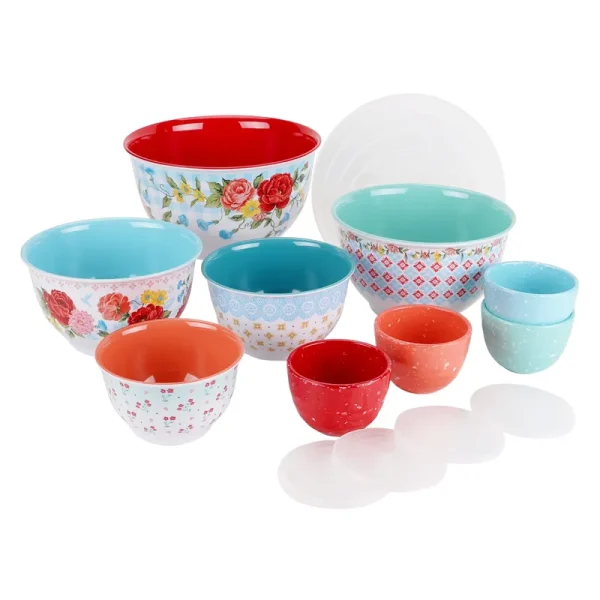 The Pioneer Woman Melamine Mixing Bowl Set with Lids, 18 Piece Set, Sweet Rose, Size: XL Bowl: Dia 10 5/8 inch x 6 H inch (with Lid)Large Bowl: Dia 9