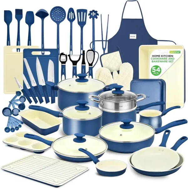 54 - Piece Kitchen Cookware Set - Complete Non - Stick Ceramic Pots and Pans Set with Utensils, Bakeware, and Knife Set, Gas, Electric & Induction Compatible, Blush Pink Kitchen Essentials