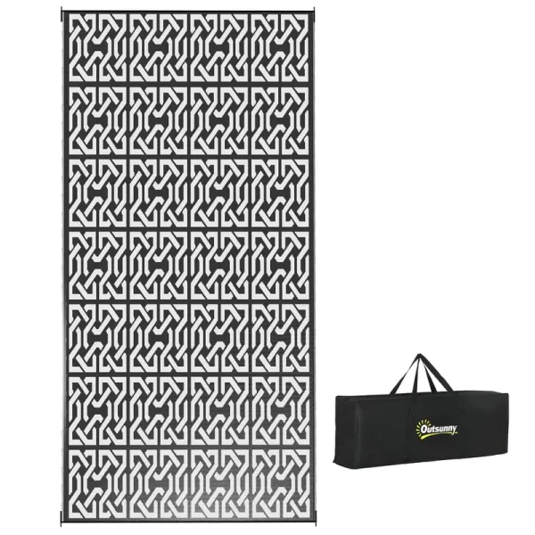 Outsunny Outdoor Rug & Bag, 9' x 18' Plastic Rug, Black White Chain