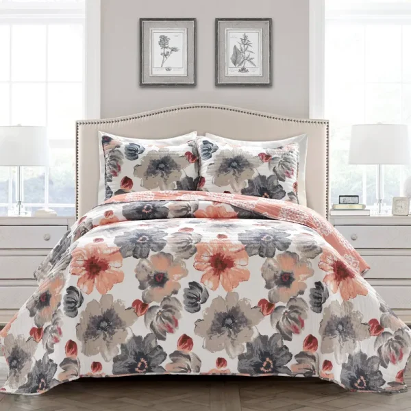 Lush Decor Leah 3 Piece Floral Reversible Quilt Set, Full/Queen, Coral & Gray