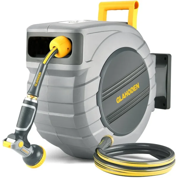 GLAHODEN Retractable Garden Hose Reel, 1/2 in x 115 ft Automatic Wall Mounted Water Hose Reel with Any Length Lock Slow Return System 9 Function