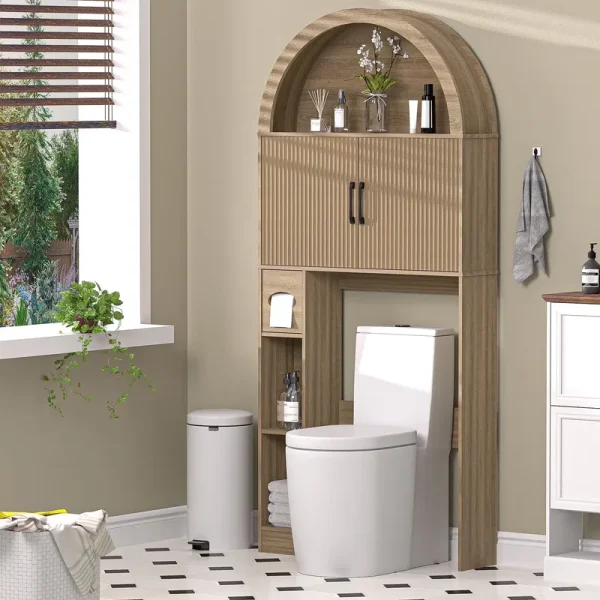 HARIPUL Over the Toilet Storage Cabinet W/ Unique Wood Grain & Arc Design, Freestanding Bathroom Shelf Organizer Space Saver W/ Doors & Anti - Tip Device, Wood Color