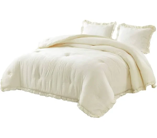 Nora 3-Piece Ruffled Edge Trim Microfiber Comforter Set Ivory / Full