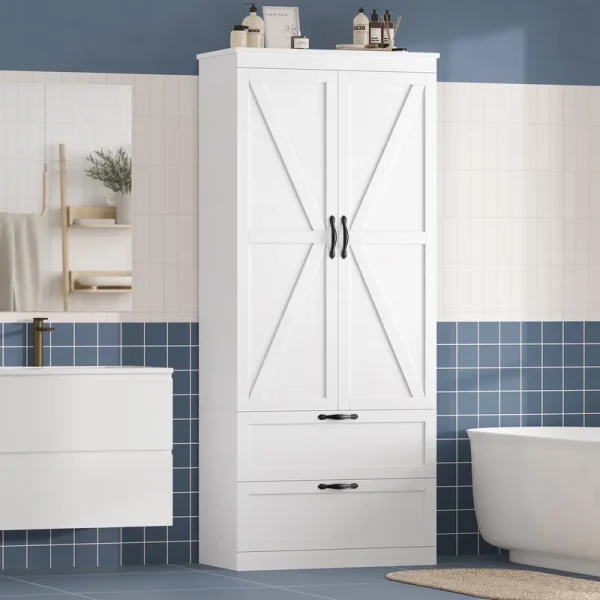 Homfa 70.3"h Bathroom Storage Cabinet, Farmhouse Linen Storage Cabinet with 2 Drawers, White