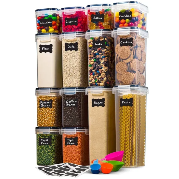 Seseno 14 Pack Airtight Food Storage Container Set - BPA Free Clear Plastic Kitchen and Pantry Organization Canisters with Durable Lids for Cereal, D