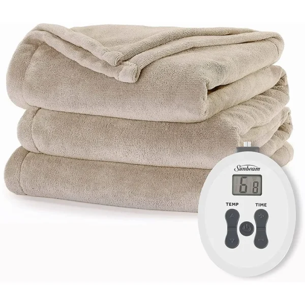 Sunbeam Channeled Microplush Heated Blanket, Mushroom, Full