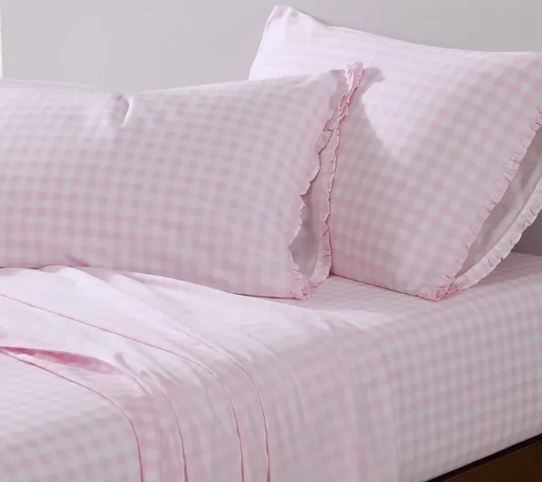 Shabby Chic - Full Sheets, Soft & Breathable Organic Cotton Bedding Set, Classic Style Home Decor with Ruffled Pillowcases (Gingham Pink, Full)