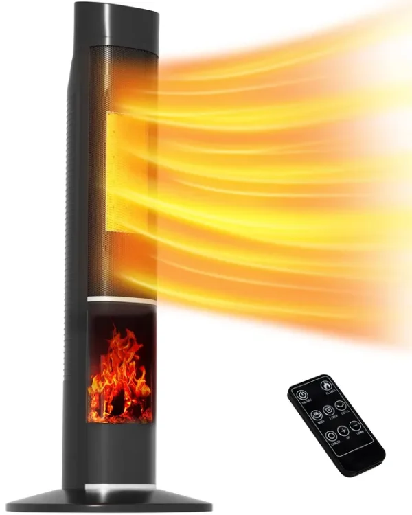 Uthfy 32" Space Heater for Large Room, 1500W Tower Heater with Flame for Indoor Use, Portable Electric Ceramic Heater with Thermostat, Remote, 70��
