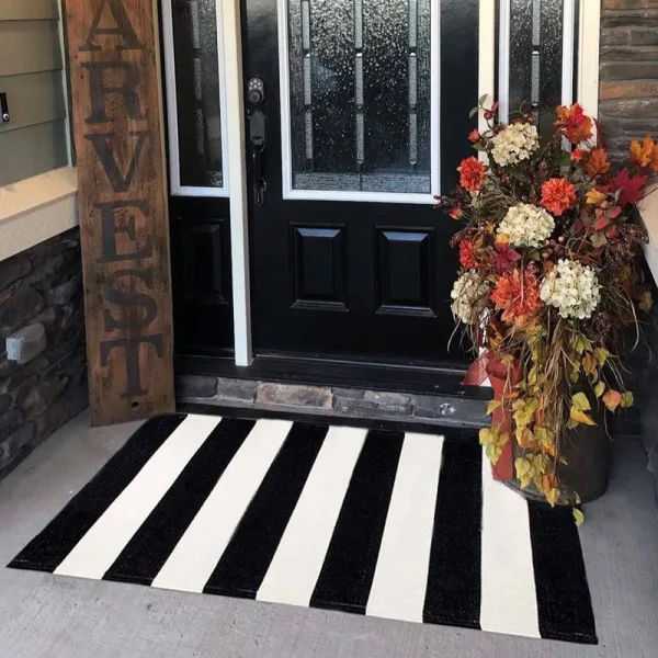 Kahouen Cotton Black and White Striped Rug ( 27.5 x 43 Inches ), Washable Hand-Woven Stripe Outdoor Front Door Mat for Layered Door Mats/Porch/Kitchen
