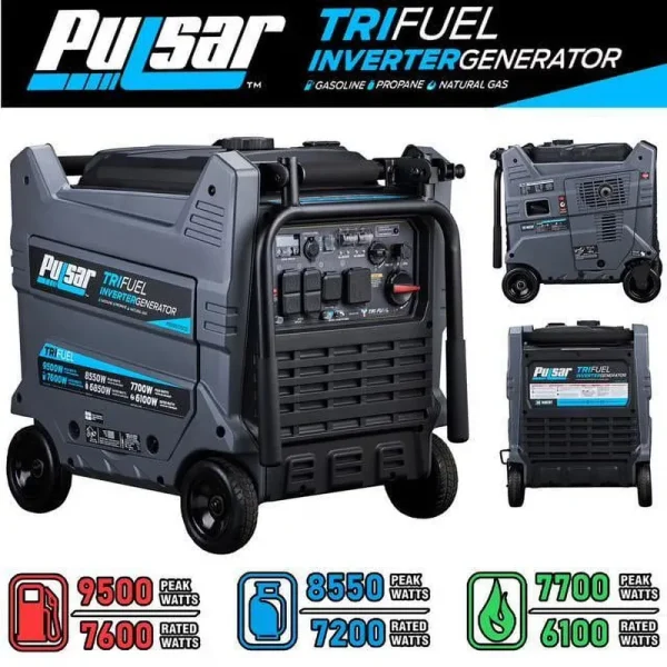Pulsar 9500W Tri - Fuel Inverter Generator - Gasoline, Propane, Natural Gas, Remote Start, CO Sentry, Portable Backup Generator for Home Use (Gs95tisco)