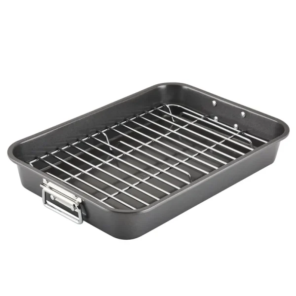 Farberware Bakeware Nonstick Roaster with Flat Rack, 11-Inch x 15-Inch, Gray