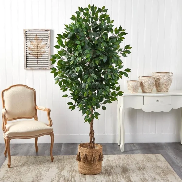 6 ft. Green Ficus Artificial Tree with Natural Trunk in Handmade Natural Jute Planter with Tassels