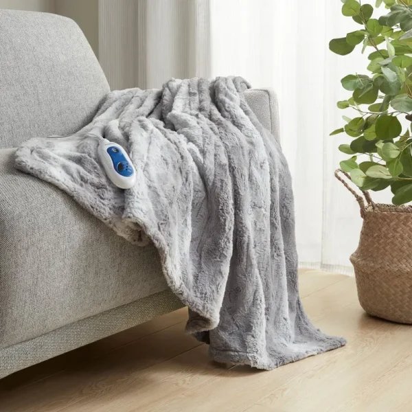 Beautyrest Grey Zuri Oversized Faux Fur Heated Throw