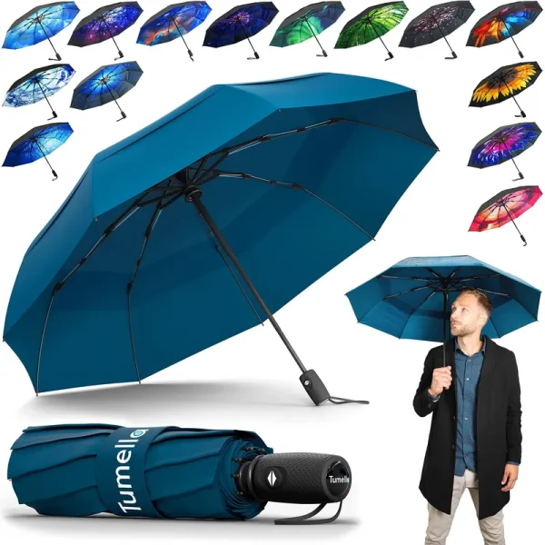 TUMELLA Strongest Windproof Travel Umbrella (Compact, Superior & Beautiful), Small Strong But Light Portable and Automatic Folding Rain Umbrella,