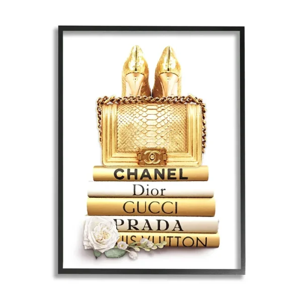 Stupell Industries Divine Golden Fashion Purse on Glam Designer Bookstack Black Framed Giclee, 11 x 14