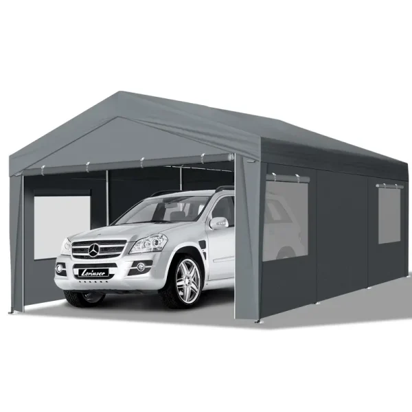 Ktaxon 10x20ft Carport, Large Heavy Duty Car Tent with Galvanized Steel Frame, Portable Storage Boat Shed Canopy Garage with Sidewalls & Doors, Gray