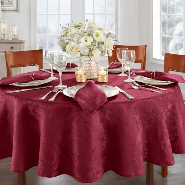Elrene Caiden Elegance Damask Tablecloth - 90" Round - Cranberry