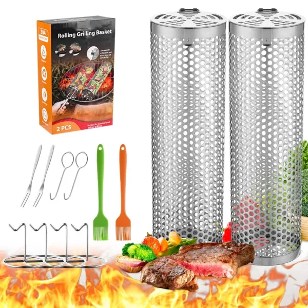 Grill Basket - Outdoor Rolling BBQ Basket - 2 Pcs Stainless Steel Grill Mesh, Rolling Grill Baskets for Outdoor Grill