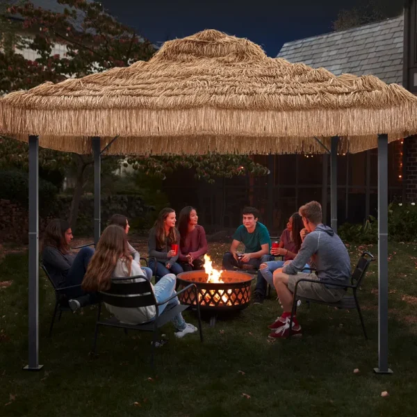 Ainfox 10x10 Thatched Tiki Pavilion Gazebo, Patio Gazebo with Straw Thatch Roofing, Hawaiian Style Steel Frame