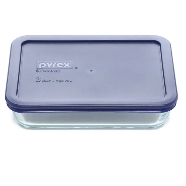 Pyrex Storage 3-Cup Rectangular Dish with Dark Blue Plastic Cover, Clear