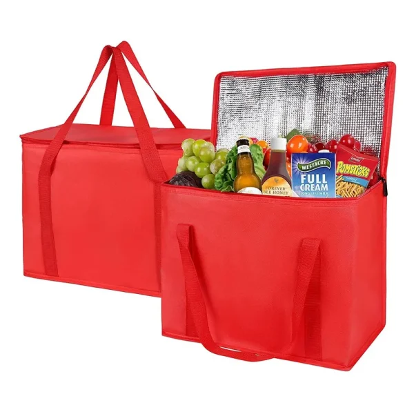 musbus 2-Pack XL-Large Insulated Grocery Shopping Bags, Red, Reusable, Heavy Duty, Zipped zipper,Collapsible,tote,cooler,groceries,for car,Recycled