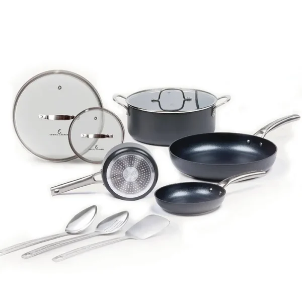 Emeril Lagasse Forever Pans, 10 Piece Cookware Set with Lids and Utensils, Hard Anodized Nonstick Pans, Black, Dishwasher Safe, Oven Safe