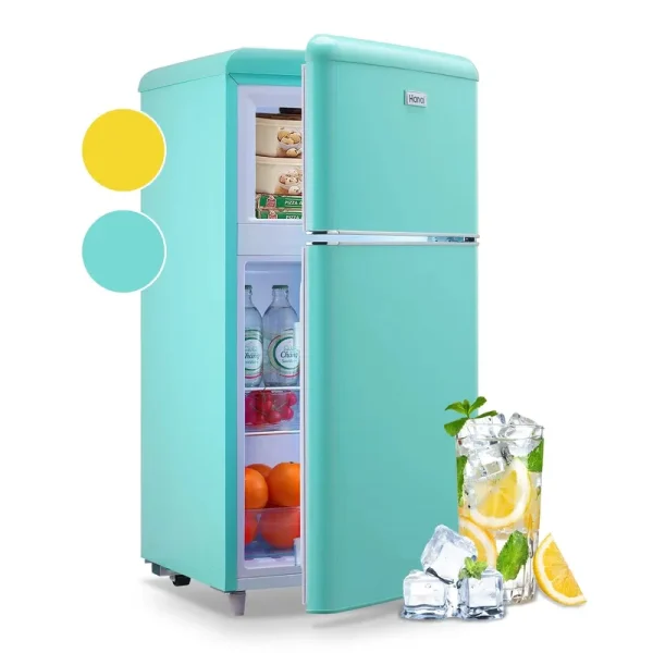 WANAI 3.5 CU.FT Compact Refrigerator Dual Doors Mini Fridge with Freezer 7 Temp Adjustable Control Yellow