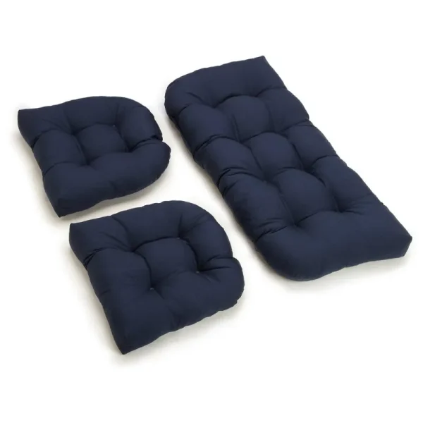 Blazing Needles U-Shaped Twill Tufted Settee Cushion Set, Navy - Set of 3