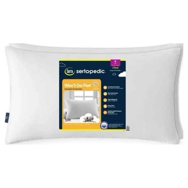 SertaPedic No-Go Flat Bed Pillow, King, 2 Pack, White