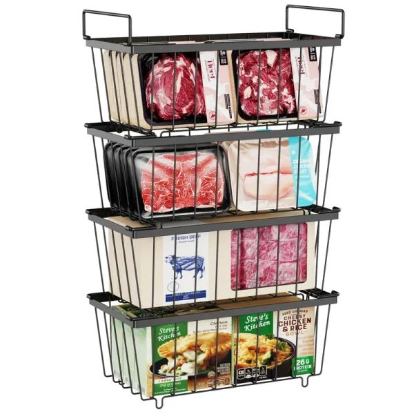 iSPECLE Chest Freezer Organizer 4 Pack Stackable Baskets with Handles Pantry Organization and Storage for Chest Freezer Pantry Black