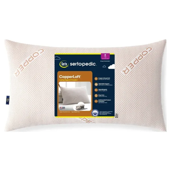 SertaPedic CopperLoft Pillow with Copper Infused Cover, King size, White
