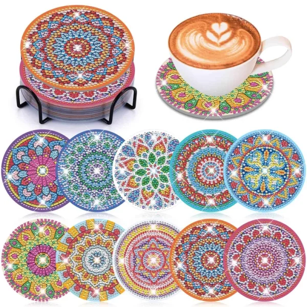 10 Pcs Diamond Painting Coasters with Holder, Mandala DIY Diamond Art Coasters Kits for Adults Kids Beginners Art Craft Supplies, for Family &