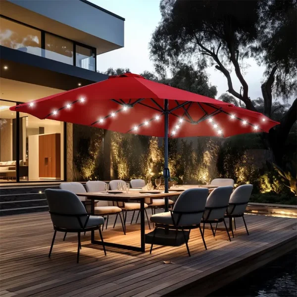 Phi Villa 15ft Extra Large Double-Sided Patio Umbrella with Solar Powered LED Lights (Base Included) Red