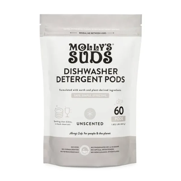Molly's Suds Dishwasher Pods | Natural Dishwasher Detergent, Cuts Grease & Rinses Clean (Residue-Free) for Sparkling Dishes, Biodegradable Auto-Relea