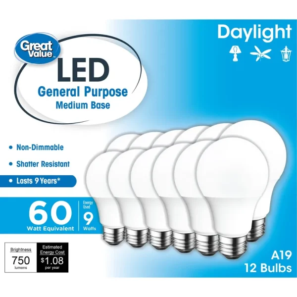 Great Value LED Light Bulb, 9W (60W Equivalent) A19 General Purpose Lamp E26 Medium Base, Non-Dimmable, Daylight, 12-Pack, Size: 12 Bulbs